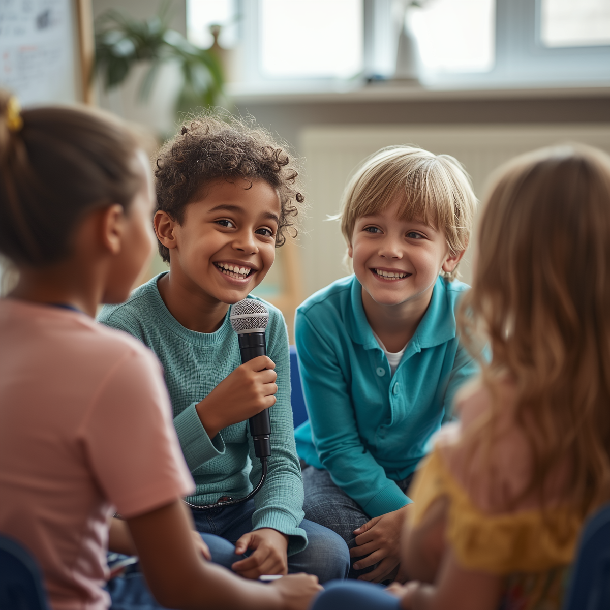 A child holding a microphone in a circle of peers during a Planted Voices session