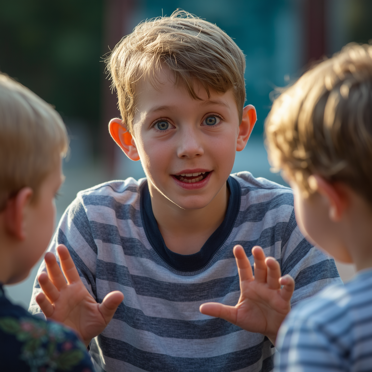 A boy telling a story confidently outdoors during a Planted Voices holiday session