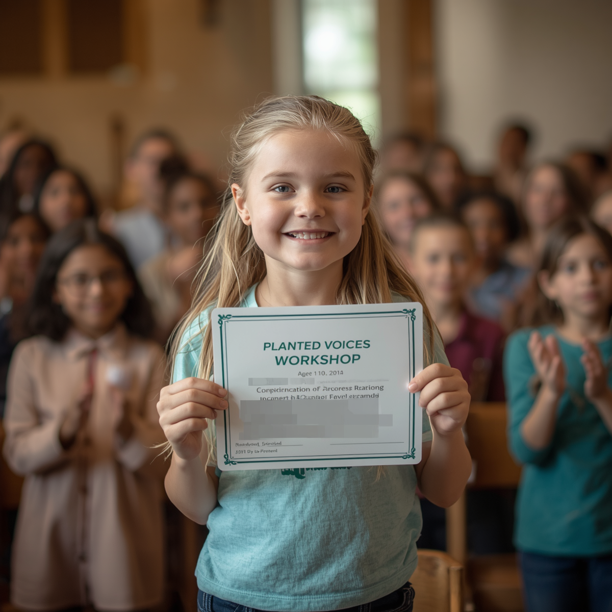 A young Planted Voices participant smiling proudly with her completion certificate