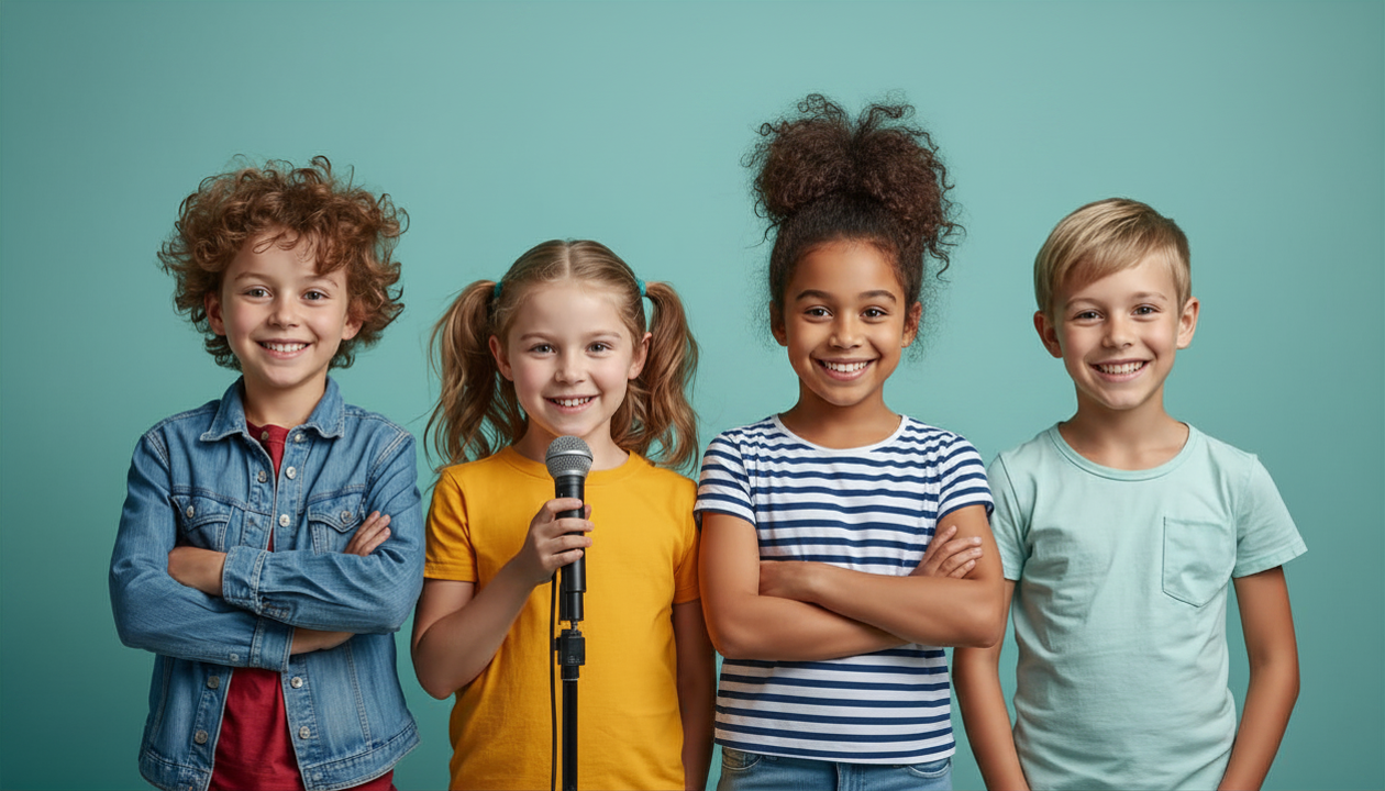 Four children practising public speaking together at a Planted Voices session